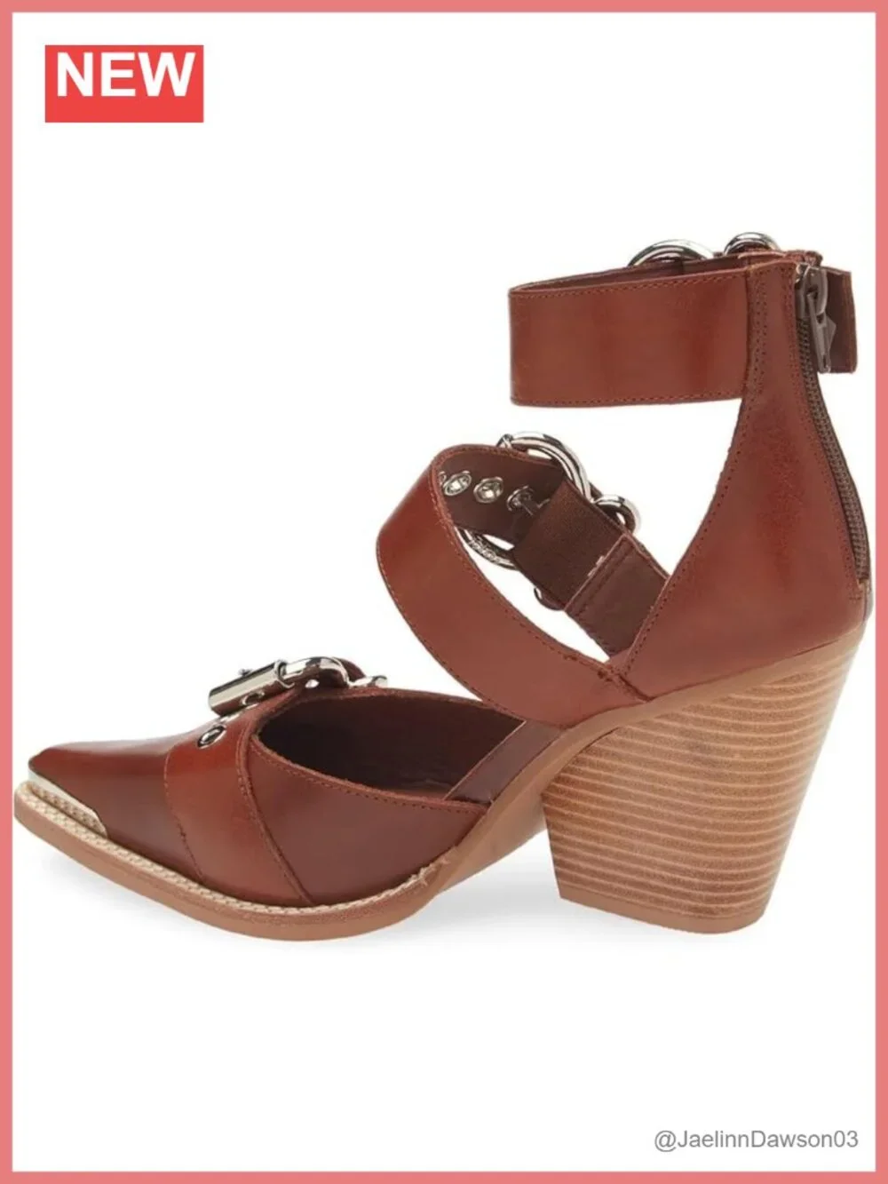 MAVMAX Chunky Heel PU Leather Western Strappy Pumps Pointed Toe Block Heel Shoes